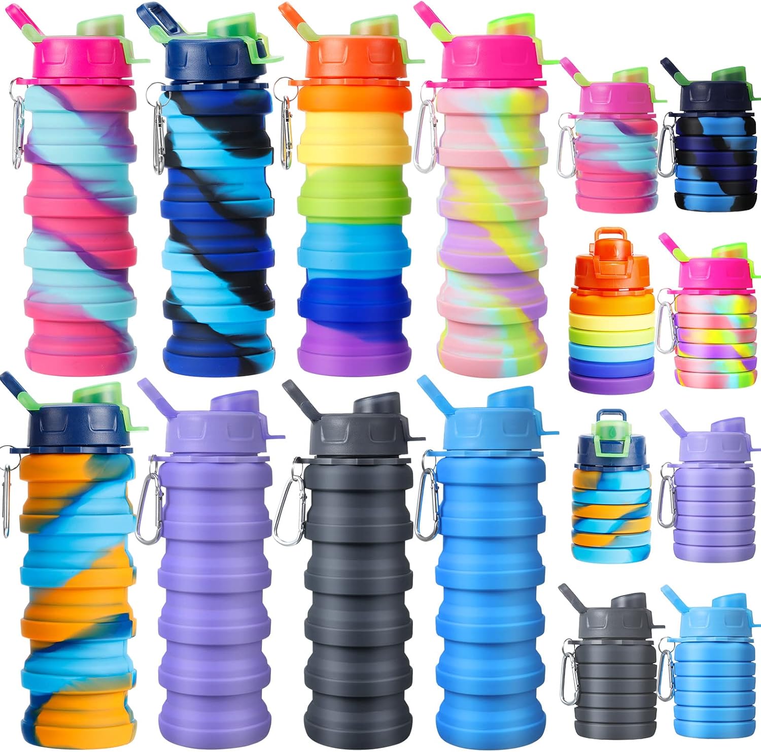 8 Pcs Collapsible Water Bottles Silicone Travel 16 oz Reusable Leakproof Foldable Water Bottles with Clip for Camping Hiking Cycling Travel Gym Yoga Outdoor Sports - Image 9