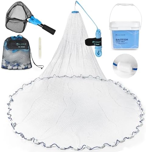 Calamus Cast Net 3/8″ Mesh for Freshwater and Saltwater, 3ft-6ft Radius Casting Nets with Heavy-Duty Sinking Nylon Line, Mesh Storage Bag & Storage Bucket & Net Repair Kit