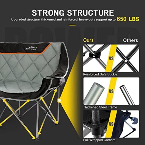 FAIR WIND Oversized Fully Padded Camping Chair Folding Loveseat Camping Couch Double Duo Chair Heavy Duty Quad Fold Arm Chair with Cup Hold - Supports 650 LBS Black - Image 7