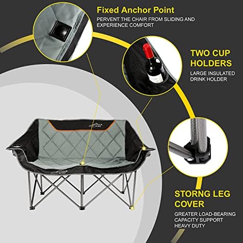 FAIR WIND Oversized Fully Padded Camping Chair Folding Loveseat Camping Couch Double Duo Chair Heavy Duty Quad Fold Arm Chair with Cup Hold - Supports 650 LBS Black - Image 8