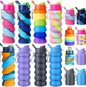 8 Pcs Collapsible Water Bottles Silicone Travel 16 oz Reusable Leakproof Foldable Water Bottles with Clip for Camping Hiking Cycling Travel Gym Yoga Outdoor Sports