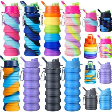 8 Pcs Collapsible Water Bottles Silicone Travel 16 oz Reusable Leakproof Foldable Water Bottles with Clip for Camping Hiking Cycling Travel Gym Yoga Outdoor Sports