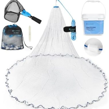 Calamus Cast Net 3/8″ Mesh for Freshwater and Saltwater, 3ft-6ft Radius Casting Nets with Heavy-Duty Sinking Nylon Line, Mesh Storage Bag & Storage Bucket & Net Repair Kit