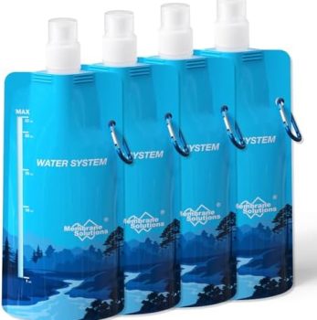 Membrane Solutions Collapsible 23oz Water Bottle with Filter Straw, Reusable Pouch and Carabiner, Foldable Water Container for Hiking, Camping, Travel, Emergency