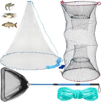 Windyun 3 Pcs Fishing Cast Net with Heavy Duty Sinker Portable Folded Lobster Crab Trap Fishing Net with Long Robust Telescopic Handle Freshwater Saltwater Bait Fishing Accessories