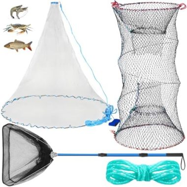 Windyun 3 Pcs Fishing Cast Net with Heavy Duty Sinker Portable Folded Lobster Crab Trap Fishing Net with Long Robust Telescopic Handle Freshwater Saltwater Bait Fishing Accessories